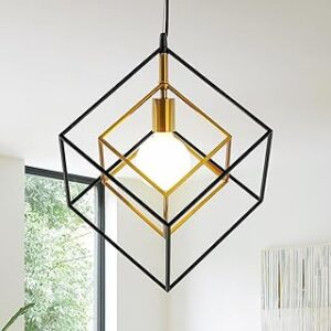 Modern Geometric Chandelier, 1-Light Metal Pendant Light Fixture Black Brass Hanging Ceiling Light Industrial Farmhouse Cube Lighting for Kitchen Island Entryway, E26 Base