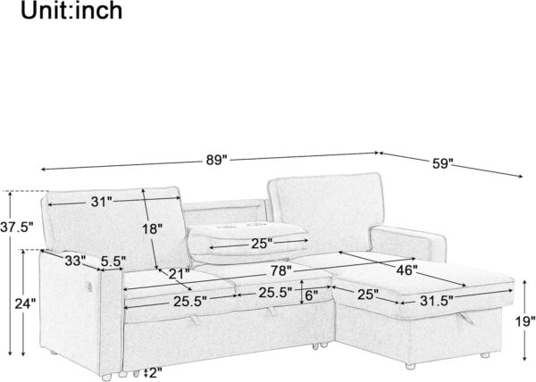 LUMISOL 89" Convertible Sectional Sofa Couch with Pull Out Bed, Sleeper Sofa Bed with Storage Chaise, 2 USB Ports and 2 Cup Holders for Living Room, Small Apartment, Beige - Image 2