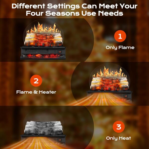 Electric Fireplace Log Heater 750W/1500W, 20" Electric Fireplace Insert with Adjustable 5 Flame Brightness&Speed/3 Music Sounds/Remote Control/8Hrs Timer for Home, Room, Office Decor - Image 4