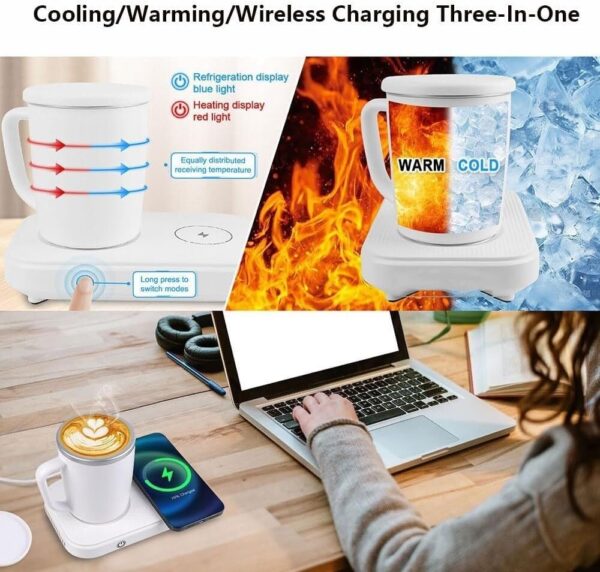 Cooling/Warming/Wireless Charging Mug - 3-in-1 Coffee Cup Cooler and Warmer with 15W Fast Wireless Charger, 12oz, Up to 130℉ or Down to 40℉, Office Desk Home Use(White) - Image 2