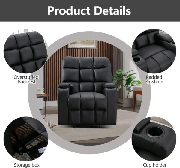Phoenix Home Manual Recliner Chair, Breathable Faux Leather Reclining Chairs with Overstuffed Arm and Back, Living Room Single Sofa Recliners with Massage, Black - Image 4