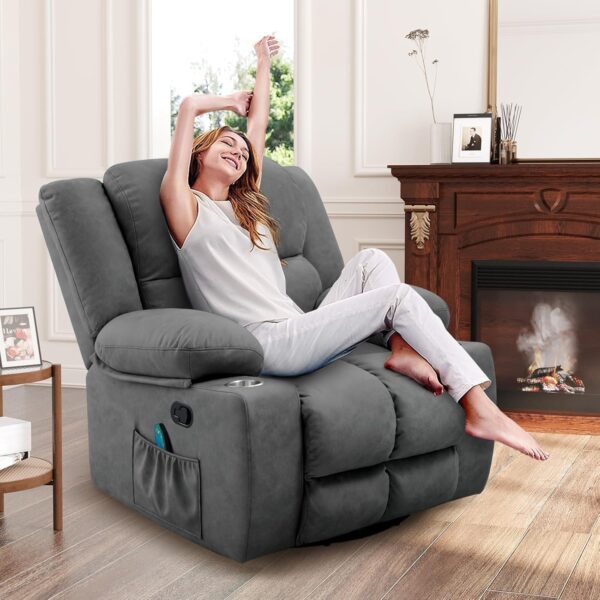 Oversized Swivel Rocking Recliner Chairs for Adults, Lazy Boy Reclining Glider with Cup Holder and Massage,Wide Fabric Rocker Single Sofa for Living Room Bedroom, Dark Grey - Image 7
