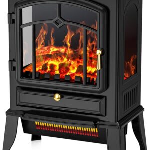 COWSAR Electric Fireplace Stove, Freestanding Fireplace Heater with Realistic Flame, 1000/1500W Fireplace Heater, Overheating Safety Device, Thermostat, Adjustable Flame Brightness