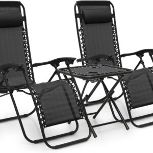 MoNiBloom Table and Patio Chairs Set of 3, Outdoor Adjustable Zero Gravity Folding Breathable Mesh Reclining Lounge Chairs with Pillow and Side Tray, 330lbs Capacity - Black