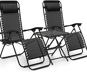 MoNiBloom Table and Patio Chairs Set of 3, Outdoor Adjustable Zero Gravity Folding Breathable Mesh Reclining Lounge Chairs with Pillow and Side Tray, 330lbs Capacity - Black