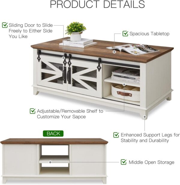 OKD 48'' Coffee Table with Storage & Sliding Barn Doors, Farmhouse & Industrial Cocktail Table w/Adjustable Shelves, Modern Rectangular Rustic Living Room, Meeting Room, Antique White - Image 6