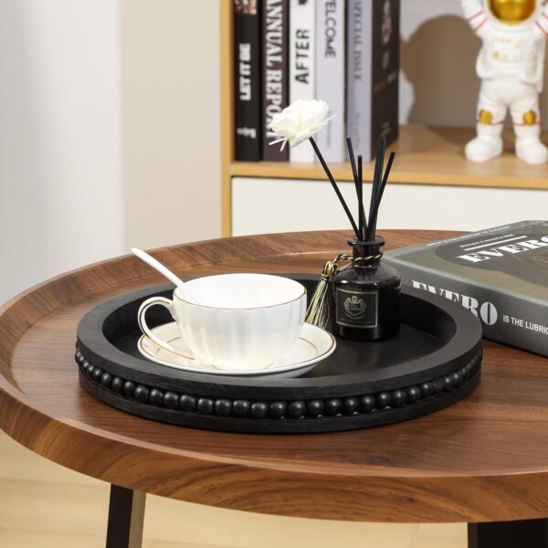 Small Black Round Wooden Decorative Serving Tray, Coffee Table Decorative Bead Tray, Farmhouse Centerpiece Tray for Kitchen and Living Room - Image 2
