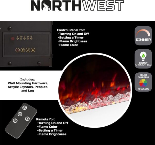 Northwest 36-Inch Wall Mounted Electric Fireplace - 10-Color LED Flame and 3 Media Backgrounds with Adjustable Brightness and Remote (White) - Image 5