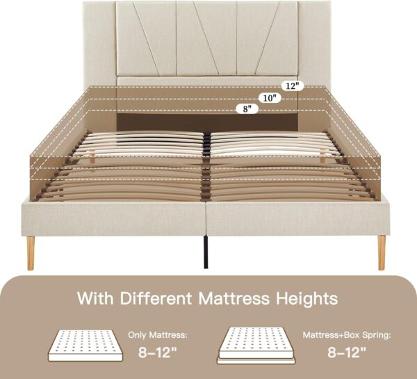 Flolinda Full Size Bed Frame Upholstered Platform with Complete Headboard and Strong Wooden Slats, No Box Spring Needed, Easy Assembly,Beige - Image 7