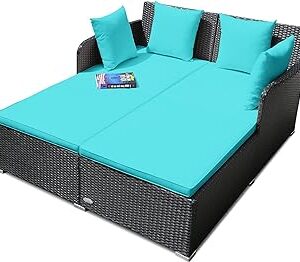 Outdoor Rattan Daybed, Patio Loveseat Sofa Set w/Comfortable Cushions Extra Pillows & Metal Foot, Sunbed Wicker Furniture for Yard/Poolside/Living Room/Garden/Porch, 1, Turquoise