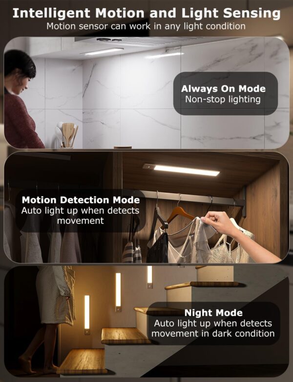 56LED Under Cabinet Lighting Wireless w/Remote, 11.8'' Motion Sensor Light Indoor Rechargeable Under Cabinet Lights, Magnetic Closet Lights Battery Operated, Under Counter Lights for Kitchen (6) - Image 3