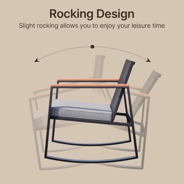 Gizoon 3 Pieces Rocking Patio Bistro Set with Anti-Scald Armrest, Outdoor Patio Wicker Furniture Set with Glass Table and Cushion for Garden, Yard, Porch - Image 5