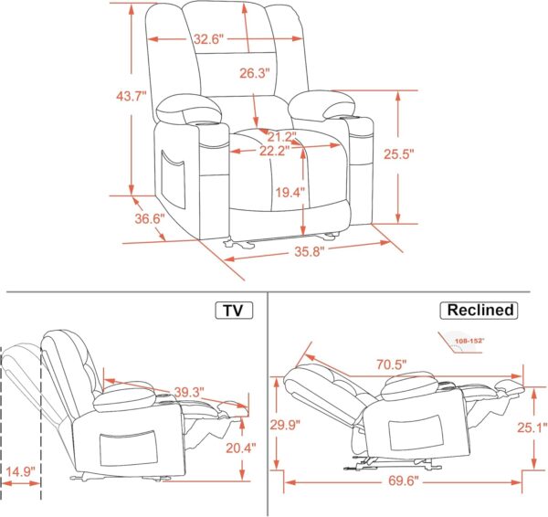 MCombo Electric Power Recliner Chair with Heat and Massage, USB Ports, Cup Holders, Reclining Chair for Living Room 6079 (Gray Medium 22.2" Seat Width) - Image 3