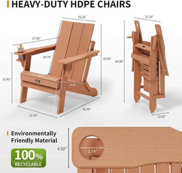 VINGLI Oversized Plastic Folding Adirondack Chairs Set of 4 with Cup Holder, Waterproof HDPE Outdoor Fire Pit Chairs for Patio, Pool, Bonfire, Capacity 400LBS, Teak - Image 3