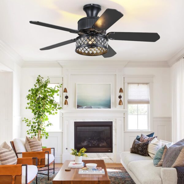 Danilong 42" Ceiling Fans with Lights and Remote, Retro Low Profile Flush Mount Ceiling Fans with Crystal Cage, 6 Speeds Reversible Dual Finish Wooden Blades Fandelier for Kitchen Bedroom Dining Room - Image 7