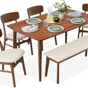 Best Choice Products 6-Piece Wooden Dining Set, Mid-Century Modern Table & Upholstered Chair Set w/Bench Seat, Rubberwood Legs - Brown/Cream