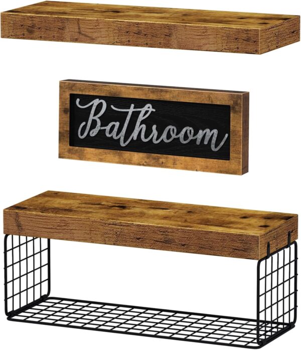 QEEIG ‎Bathroom Shelves Over Toilet Paper Storage Wall Mounted Farmhouse Decor Decorations Aesthetic Décor Sign Small Floating Wall Shelf 2+1 Set 16 inch, Rustic Brown (020BN) - Image 6