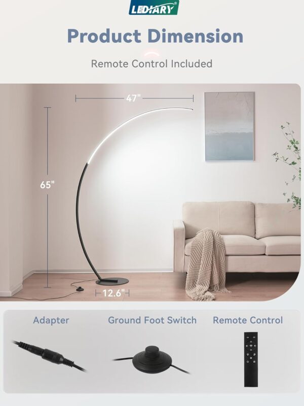 LEDIARY Arc Floor Lamp 65" Modern Standing Lamp with Remote, Black LED Arch Lamps for Living Room Bedroom Office, 3 Color Temperature & Stepless Dimmable Arched Reading Lamp - Image 5