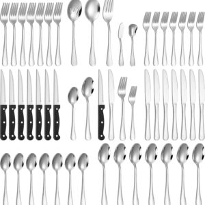 Lazycorner 53 Pcs Silverware Set with Steak Knives for 8 and 5 Pcs Serving Utensils Set, Mirror Polished Flatware Set, Stainless Steel Cutlery Set For Home Kitchen Restaurant Hotel,Dishwasher Safe