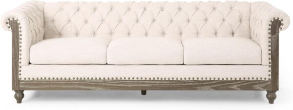 Merax Chesterfield Sofa, Retro Style Upholstered 3 Seater Rolled Arm Couch for Living Room Bedroom Office, Beige - Image 6