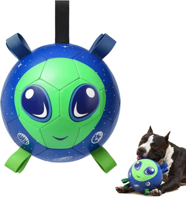JS World Large Soccer Ball for Dogs with Tabs (8.6 Inch) Herding Ball for Dogs - Big Ball for Dogs - Alien Gift - Durable Dog Soccer Ball - Dog Tug Toy - Dog Water Toy - Outdoor Dog Toys