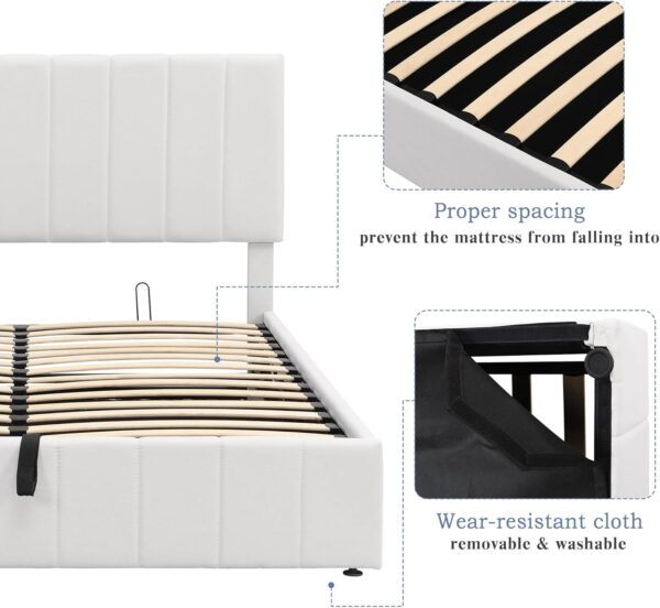 Merax Upholstered Gas Lift Up Storage Platform Bed : Queen Size Bed with Tufted Headboard Wooden Slat Support and Under Bed Storage,White - Image 6