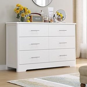 HOSATCK 6 Drawer Dresser, Modern White Double Dresser, Wide Chest of Drawers with Metal Handels, Accent Wood Storage Dresser Chest Organizers for Living Room, Hallway, Entryway (Trapezoid/White)