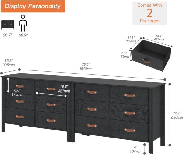 WAMPAT Black Dresser for Bedroom, Long Wide Dresser with 12 Drawers, Kids Dressers & Chests of Drawers, Set of 2 Classic Wooden Storage Cabinet Organizer for Closet, Living Room, Hallway - Image 2