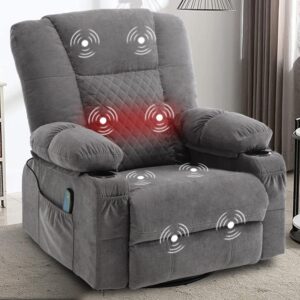 Massage Rocker Recliner Chair with Heat, Overstuffed Recliners Oversized Lounge Chairs for Adults, Fabric Manual Reclining Home Theater Recliner with Cup Holders,USB Charge Port,Grey