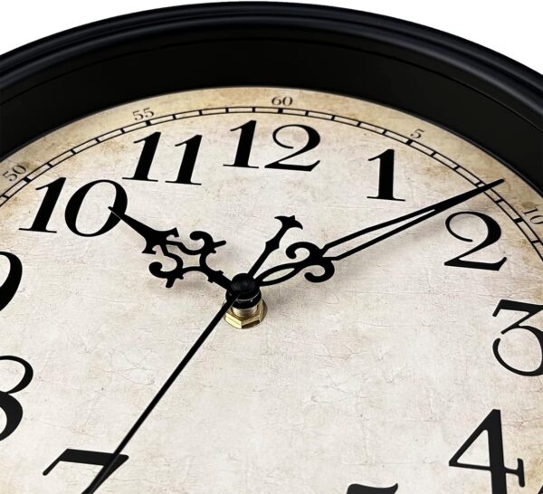 Plumeet Retro Wall Clock, 12'' Non Ticking Classic Silent Vintage Wall Clocks Decorative Kitchen Living Room Bedroom - Battery Operated, Black - Image 2