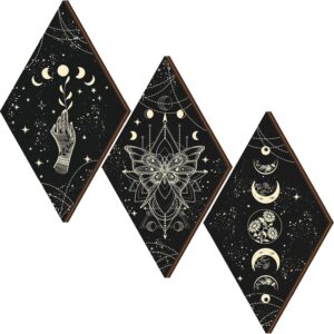 Ferraycle 3 Pcs Rustic Boho Wall Decor Moon Phases Butterfly Wall Art Stars Moon Decor Minimalist Room Decor Wooden Gothic Witchy Wall Pediments Hanging Sign for Home (Black, Gold, 6.7 x 11.8 Inch)