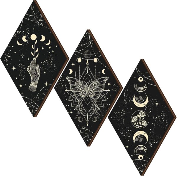 Ferraycle 3 Pcs Rustic Boho Wall Decor Moon Phases Butterfly Wall Art Stars Moon Decor Minimalist Room Decor Wooden Gothic Witchy Wall Pediments Hanging Sign for Home (Black, Gold, 6.7 x 11.8 Inch)