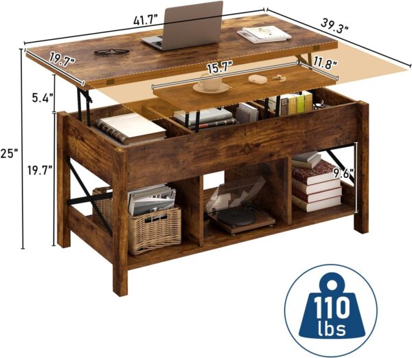 Lift Top Coffee Table, 4 in 1 Living Room Multi-Function LED Table with Charging Station&LED Lights, Farmhouse Convertible Lift Center Table w/Storage and Hidden Compartment, Rustic Brown - Image 2