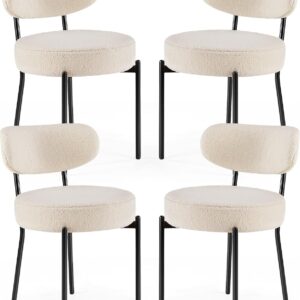 Sweetcrispy Dining Chairs Set of 4, Boucle Upholstered Kitchen Chairs with Curved Backrest & Metal Legs, Mid Century Modern Round Dining Room Chairs for Vanity, Living Room - Beige