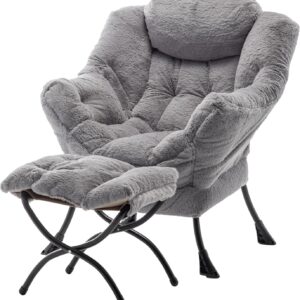 Lazy Chair with Ottoman, Modern Soft Reading Chair Accent Contemporary Lounge Leisure Sofa Chair with Armrests and a Side Pocket for Living Room, Bedroom, Dorm & Office, Plush Grey