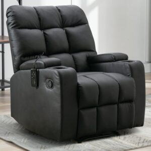 Phoenix Home Manual Recliner Chair, Breathable Faux Leather Reclining Chairs with Overstuffed Arm and Back, Living Room Single Sofa Recliners with Massage, Black
