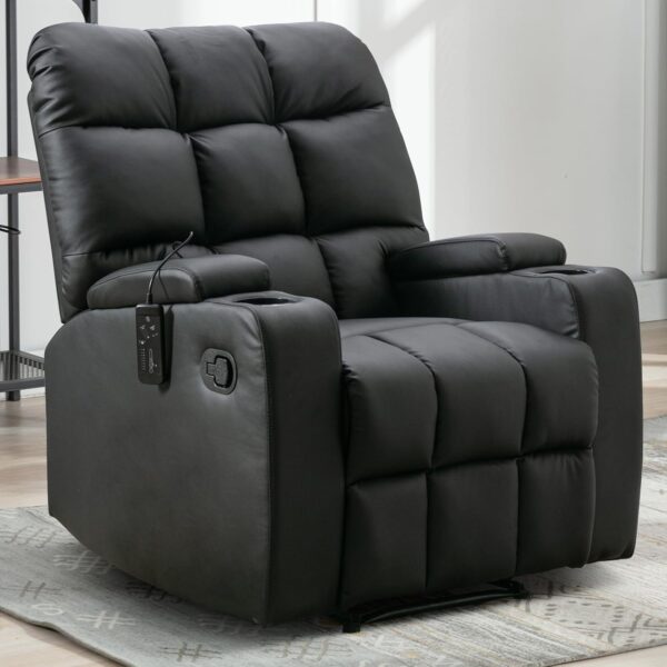 Phoenix Home Manual Recliner Chair, Breathable Faux Leather Reclining Chairs with Overstuffed Arm and Back, Living Room Single Sofa Recliners with Massage, Black