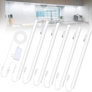6PCS x 12 Inch Under Cabinet Lights Plug-in, Dimmable LED Under Cabinet Lighting, Cold White 6000K Under-Counter Light Fixtures with Memory Function, Under Counter LED Lights for Kitchen