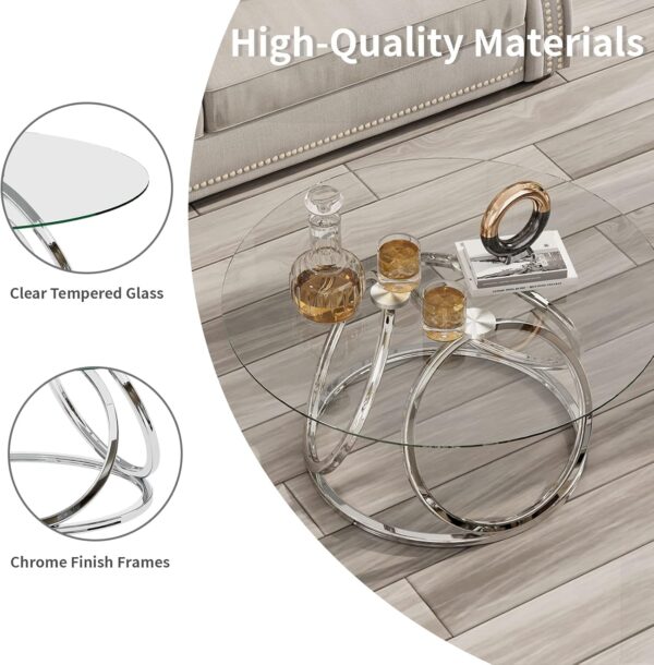 O&K FURNITURE Silver Coffee Table, Modern Glass Coffee Table Living Room Table with Ring-Shaped Frames, Glass Coffee Table for Home&Office, Chrome Finish, 1 PC - Image 7