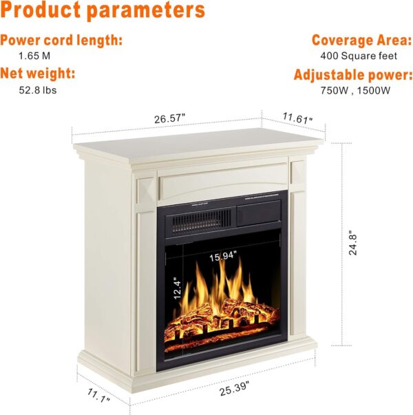 JAMFLY 26’’ Mantel Electric Fireplace Heater Small Freestanding Infrared Quartz Fireplace Stove Heater w/Log Hearth& Wood Surround Firebox, Adjustable Led Flame, Remote Control,750W-1500W, (White)… - Image 2
