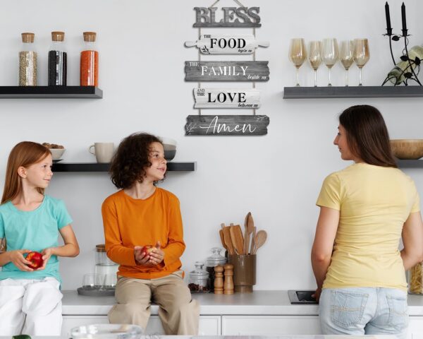 Pigort Kitchen Wall Decor Bless the Food Before Us Dining Room Wall Decor - Farmhouse Wall Art For Kitchen Dining Room- Wooden Rustic 5pcs Roped Sign 12x18 Inches (Grey) - Image 4