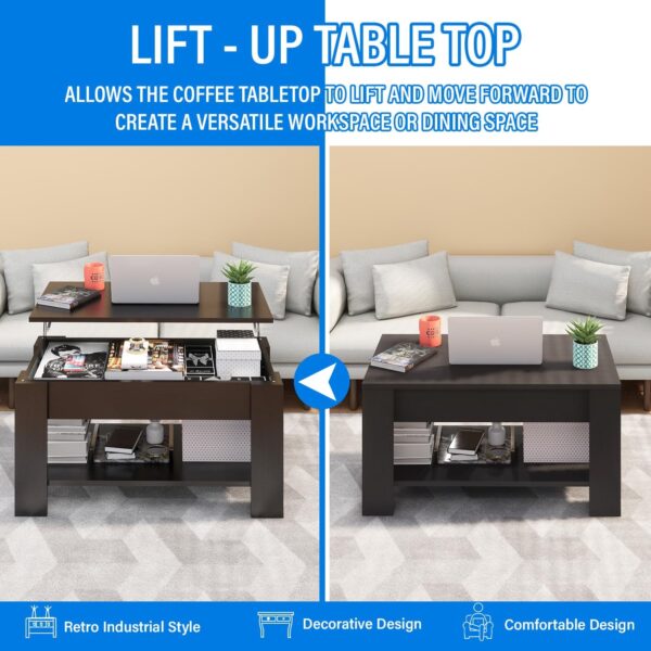 MGHH Lift Top Coffee Table with Hidden Storage Compartment & Open Shelves, 39" Rising Tabletop Table for Living Dining Room，Black - Image 5