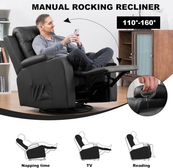 COMHOMA Recliner Chair, PU Rocking Chair for Adults, Swivel Recliner with Cup Holders, Heat and Massage, Single Sofa Seat with Side Pockets for Living Room, Bedroom (Black) - Image 3