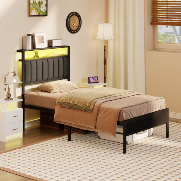 Furnulem Twin Size Bed Frame with Charging Station and LED Lights, Platform Bed with Metal Slats, Grey Upholstered Headboard with 2-Tier Storage Shelves, No Box Spring Needed - Image 5