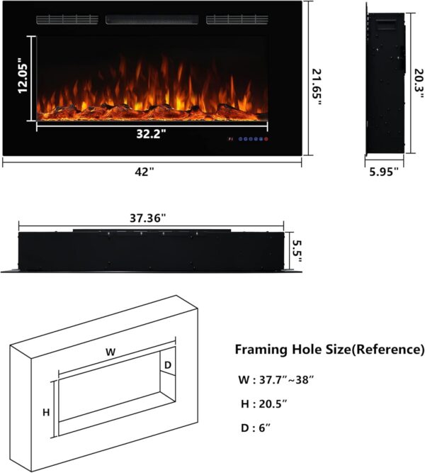 Electric Fireplace 42inches, Wall-Mounted & Recessed Fireplace Inserts, Multicolor Flame w/5 Dimmer, Remote Control Thermostat, Timer, Overheating Protection, Hardwire Connect, 1500W,Black - Image 6