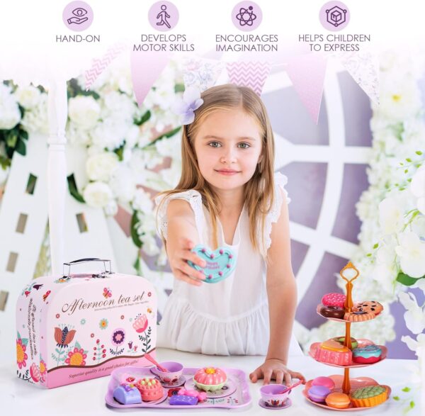 MAMPO 46PCS Tea Set for Little Girls, Princess Tea Time Pretend Kitchen Toy with Biscuits, Teapot, Cake, Dessert, Carrying Case, Donut for Kids Girls Boys - Image 2