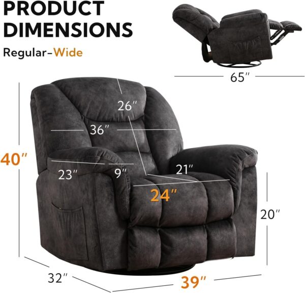 ANJ Swivel Rocker Recliner Chair, Oversized Manual 360° Swivel Recliners, Comfy Glider Rocking Chairs for Big Man, Extra Wide Overstuffed Reclining Chair for Living Room, Grey - Image 2
