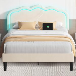 VECELO Upholstered Full Bed Frame with Headboard Adjustable, LED Lights, USB-A & Type-C, Velvet Platform Bed Noise Free, Mattress Foundation with Wooden Slats, No Box Spring Needed, Beige