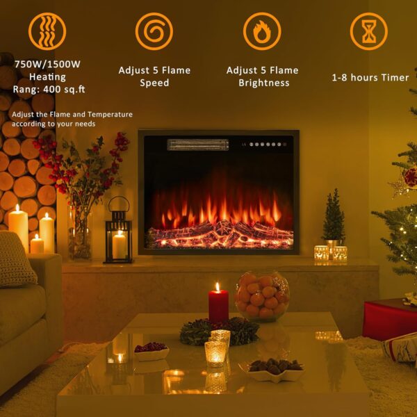 BOSSIN 23 inch Electric Fireplace Insert with Stove Heater for TV Stand,LED Realistic Flame,Recessed Mounted Fireplace Heater with Remote Control,Fireplace with Adjustable Flame, Timer 750/1500W - Image 4