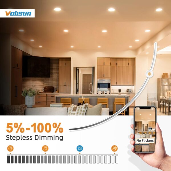 VOLISUN 12 Pack 6 Inch 5CCT Recessed Light with Night Light,Canless LED Recessed Lighting 6 inch,2700K-5000K Selectable,12W=130W,1080LM Dimmable Recessed Ceiling Wafer Light,ETL Certificated - Image 4